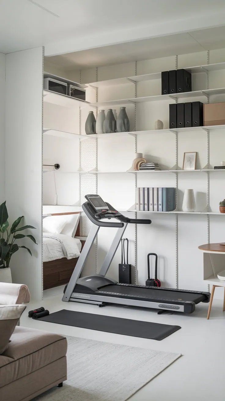 A minimalist home gym seamlessly integrates with living and bedroom spaces, utilizing sleek white storage shelves to maintain a clean and organized aesthetic.