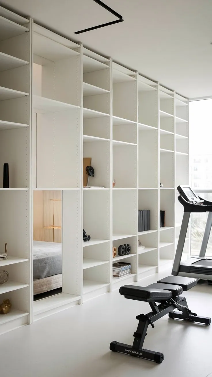 A minimalist home gym seamlessly integrates with a living area and bedroom, utilizing multi-shelf white storage to neatly house workout equipment including a treadmill, bench, and dumbbells, all bathed in natural light from a large window.
