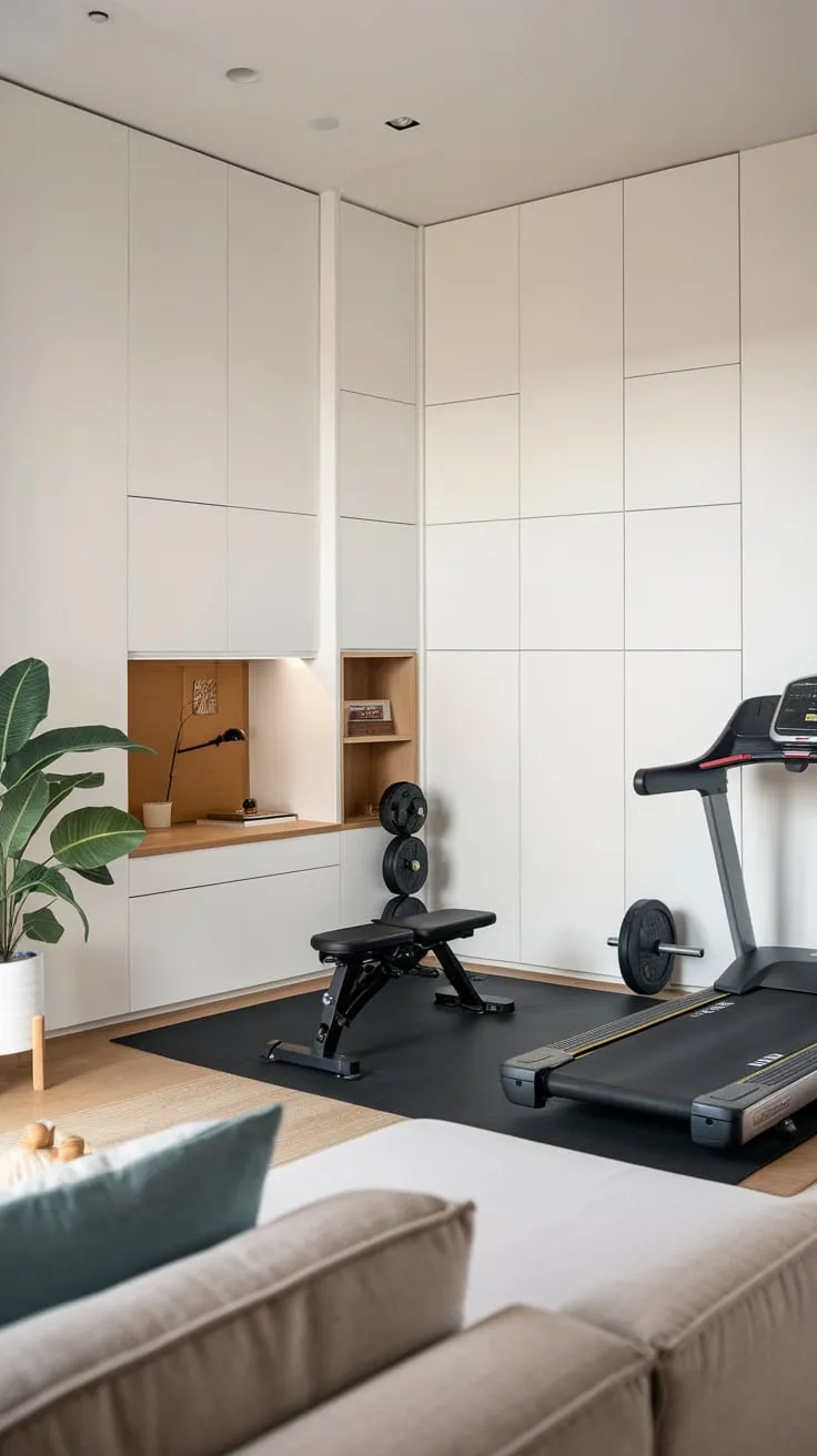 Transform your living room into a sleek minimalist home gym with integrated white storage, seamlessly blending fitness equipment and workspace.