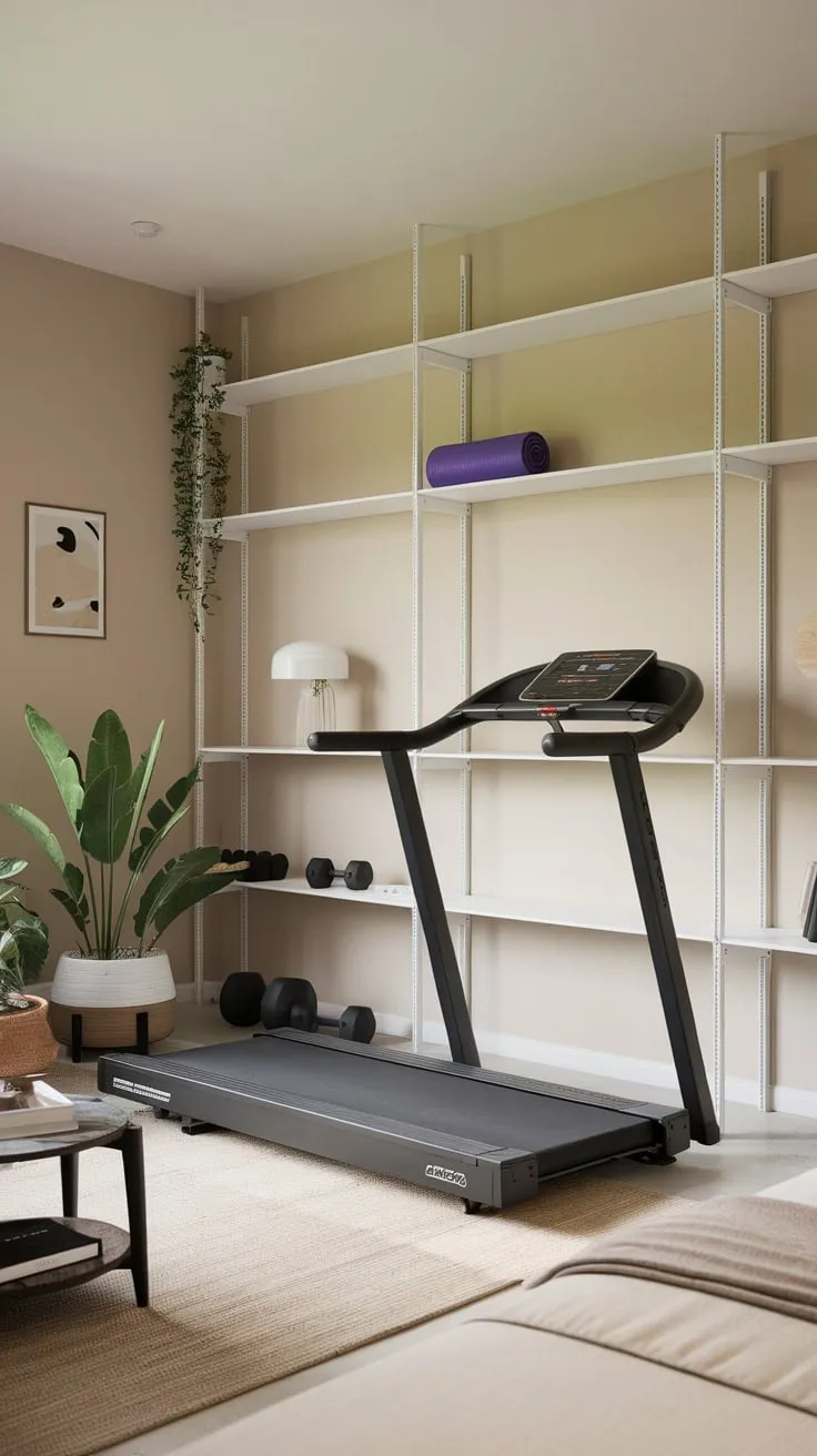 Sleek white shelves seamlessly integrate a minimalist home gym into a living space, blending fitness equipment with calming décor.