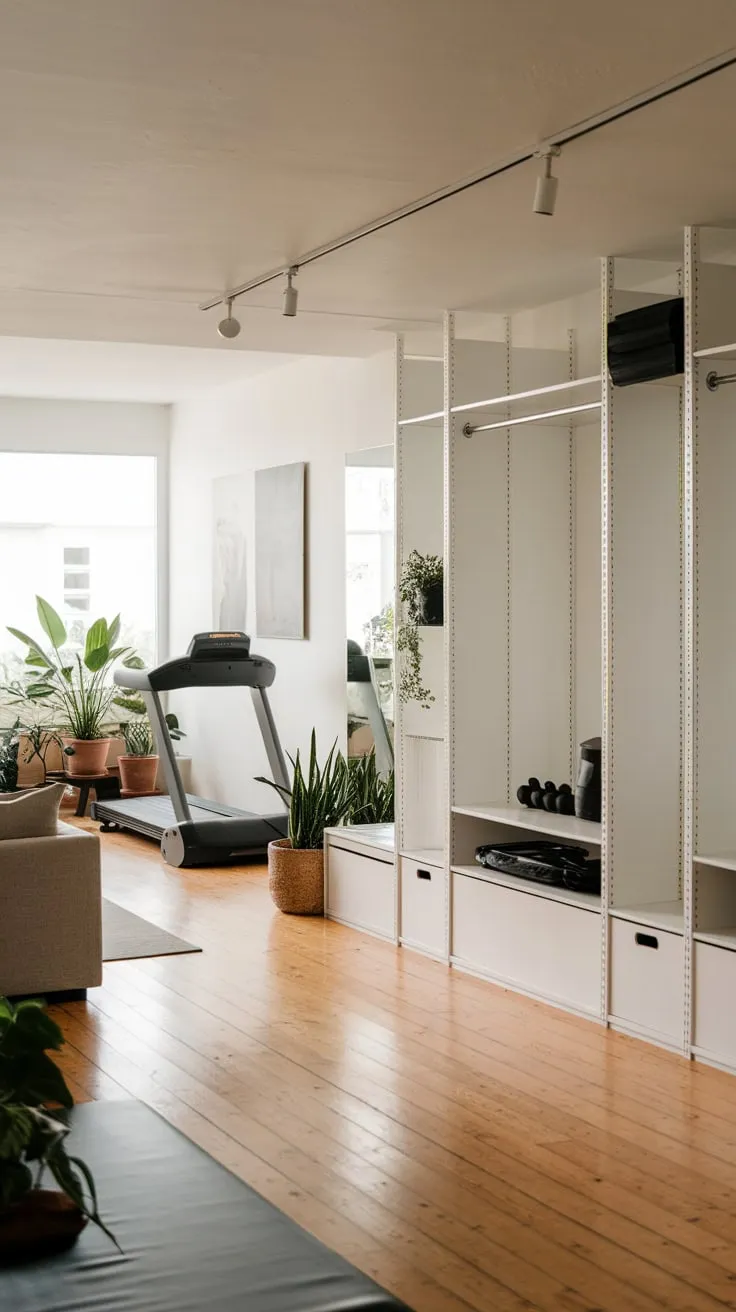 A minimalist home gym blends seamlessly with its living space, utilizing stylish white storage for equipment and maximizing natural light.