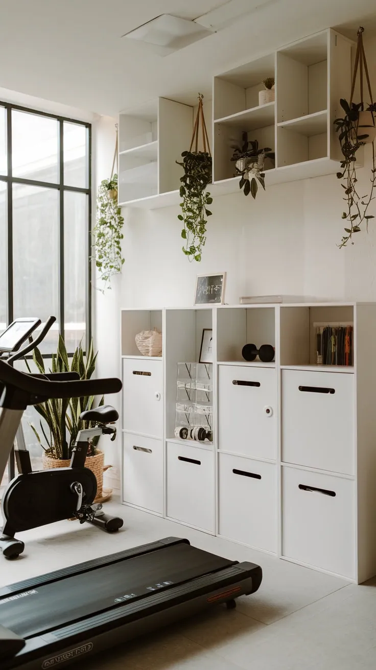 A minimalist home gym design maximizes space with stylish white storage, concealing equipment and enhancing natural light.