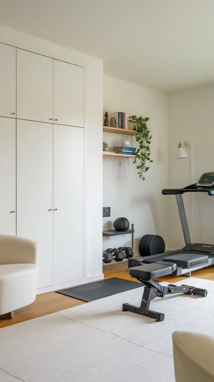 A minimalist home gym seamlessly integrates workout equipment and storage into a living space with clever use of a white cabinet and wall separation.