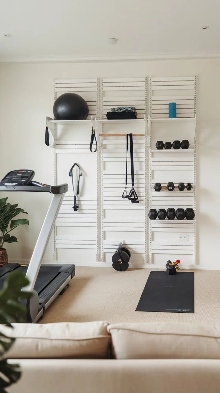 Clean lines and white wall storage maximize space in a combined living roombedroom home gym, showcasing a minimalist aesthetic with key workout essentials.