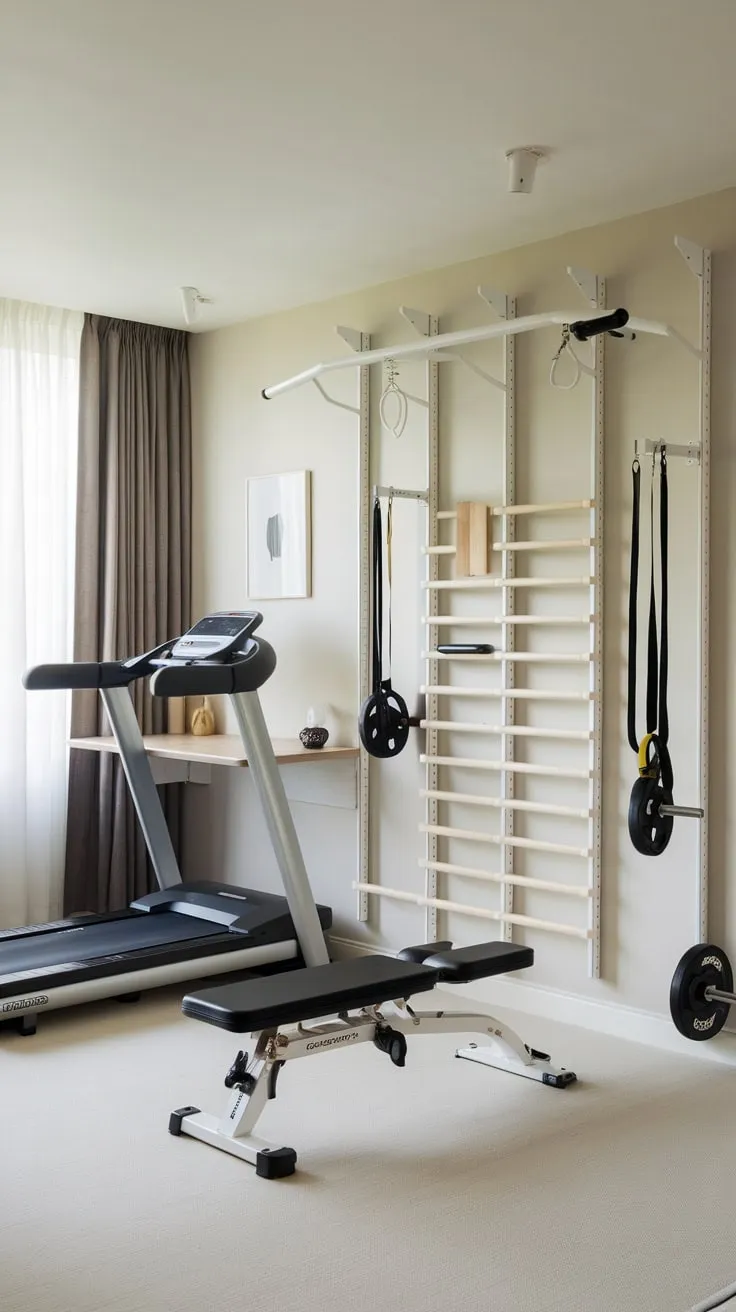 A minimalist white home gym storage system seamlessly integrates a treadmill, weights, and a desk into a light and airy living room office.