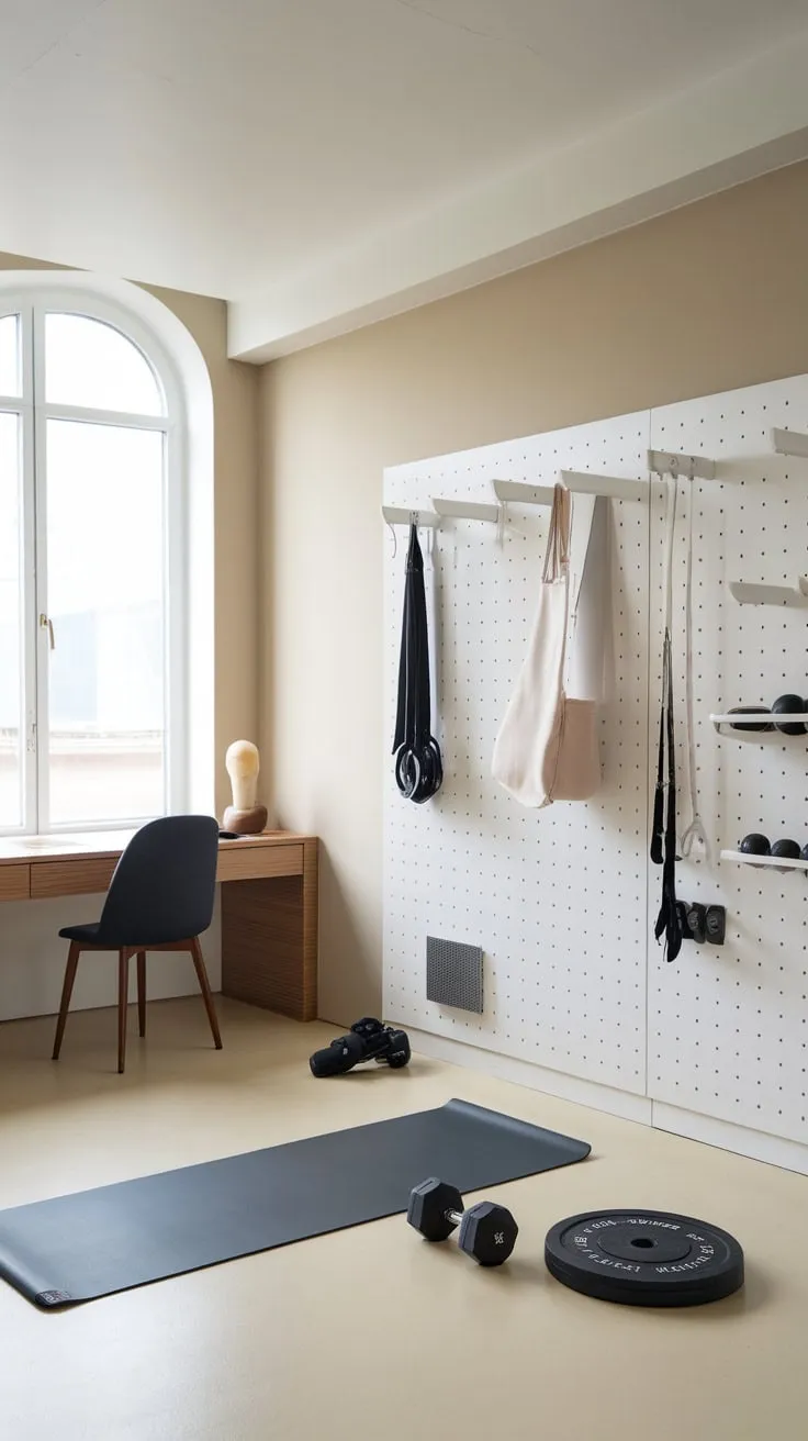 A minimalist home gym seamlessly integrates storage, workout essentials, and a workspace within a bright, beige living-bedroom combo.