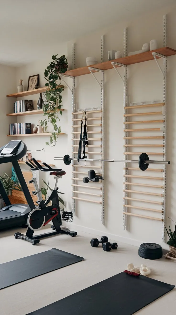 Sleek white metal and wood shelving seamlessly integrates a treadmill, stationary bike, and weights into a minimalist living room gym.