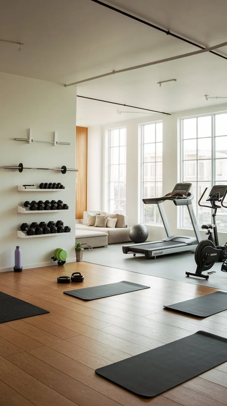 Sunlight floods a stylish home gym featuring integrated wall storage for weights and a treadmill, bike, and yoga mat, blending fitness and living areas effortlessly.