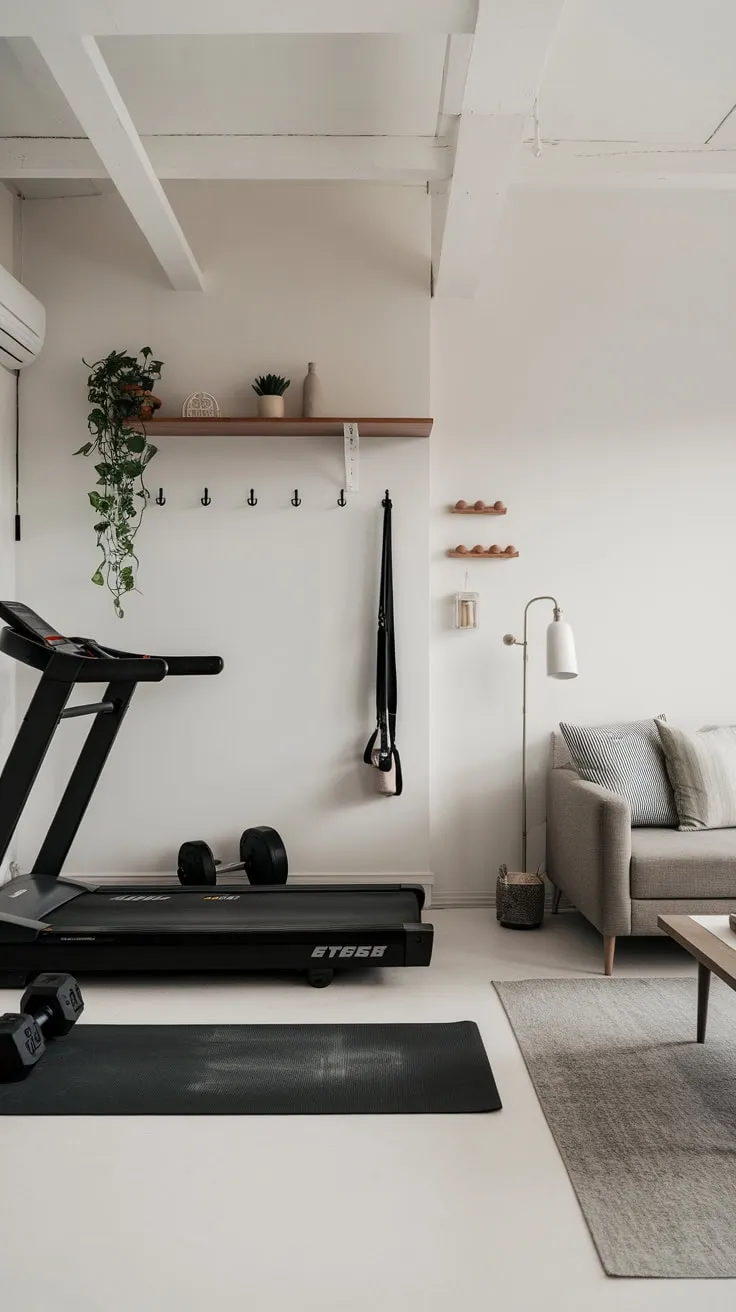 A stylish white minimalist living room seamlessly integrates a home gym featuring a treadmill, yoga mat, dumbbells, and clever storage solutions.