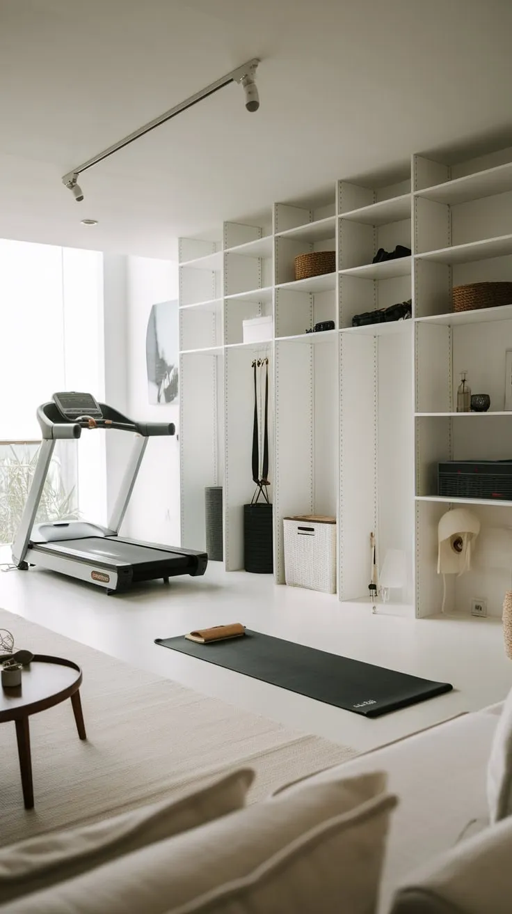 Stylish white storage maximizes space in a combined living room, bedroom, and home gym, showcasing a minimalist aesthetic.