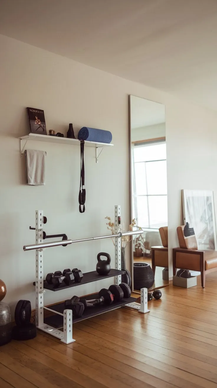 A sleek white gym rack and wall shelf cleverly conceal workout equipment, creating a functional yet aesthetically pleasing home gym.