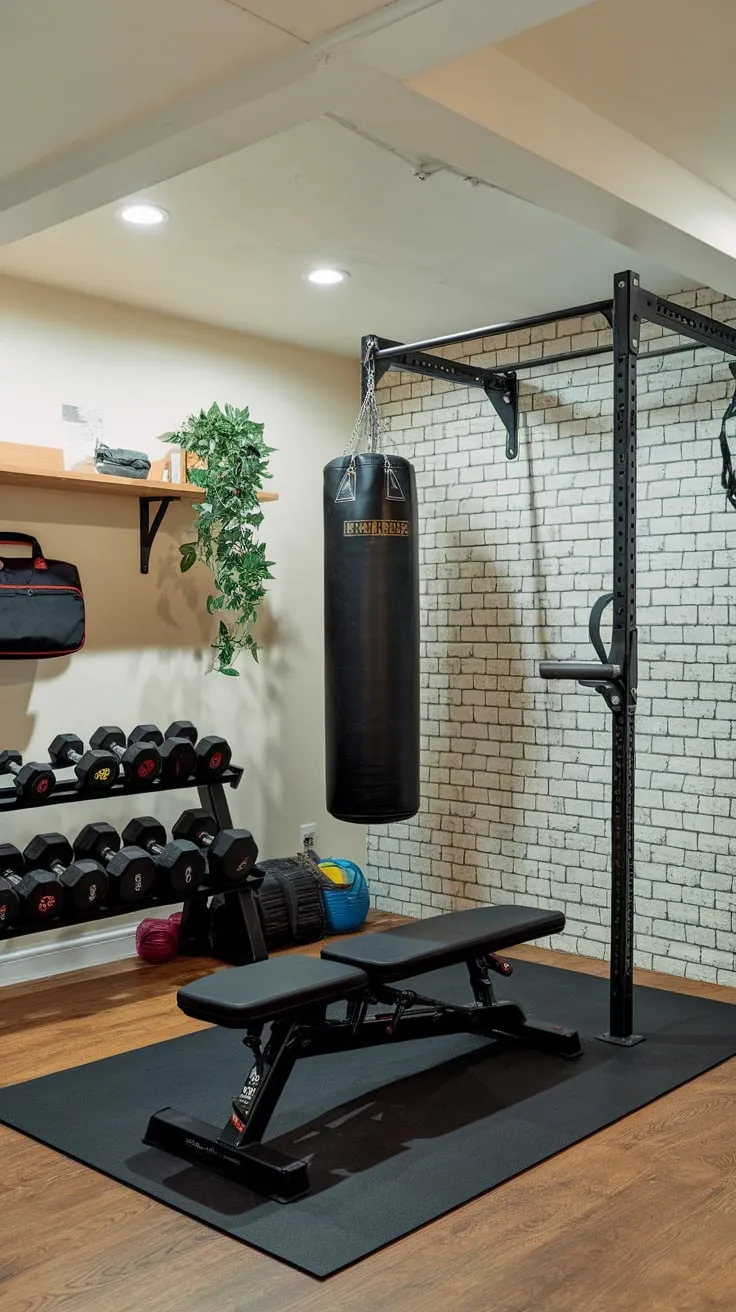 Transform your basement into a stylish and functional home gym with brick-patterned walls, showcasing your workout equipment and a touch of greenery.