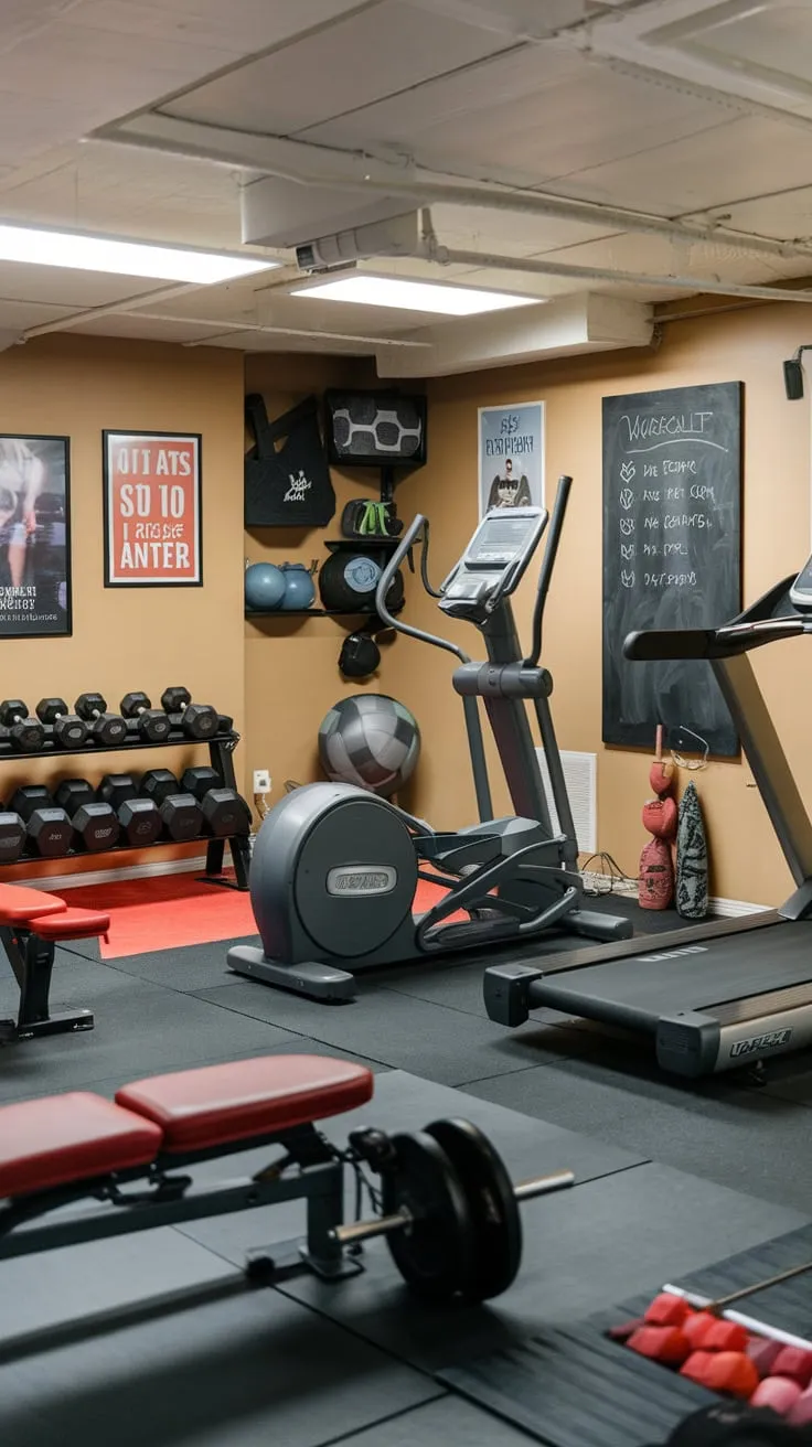 Motivational posters and a workout chalkboard enhance your home gym's atmosphere alongside your equipment.