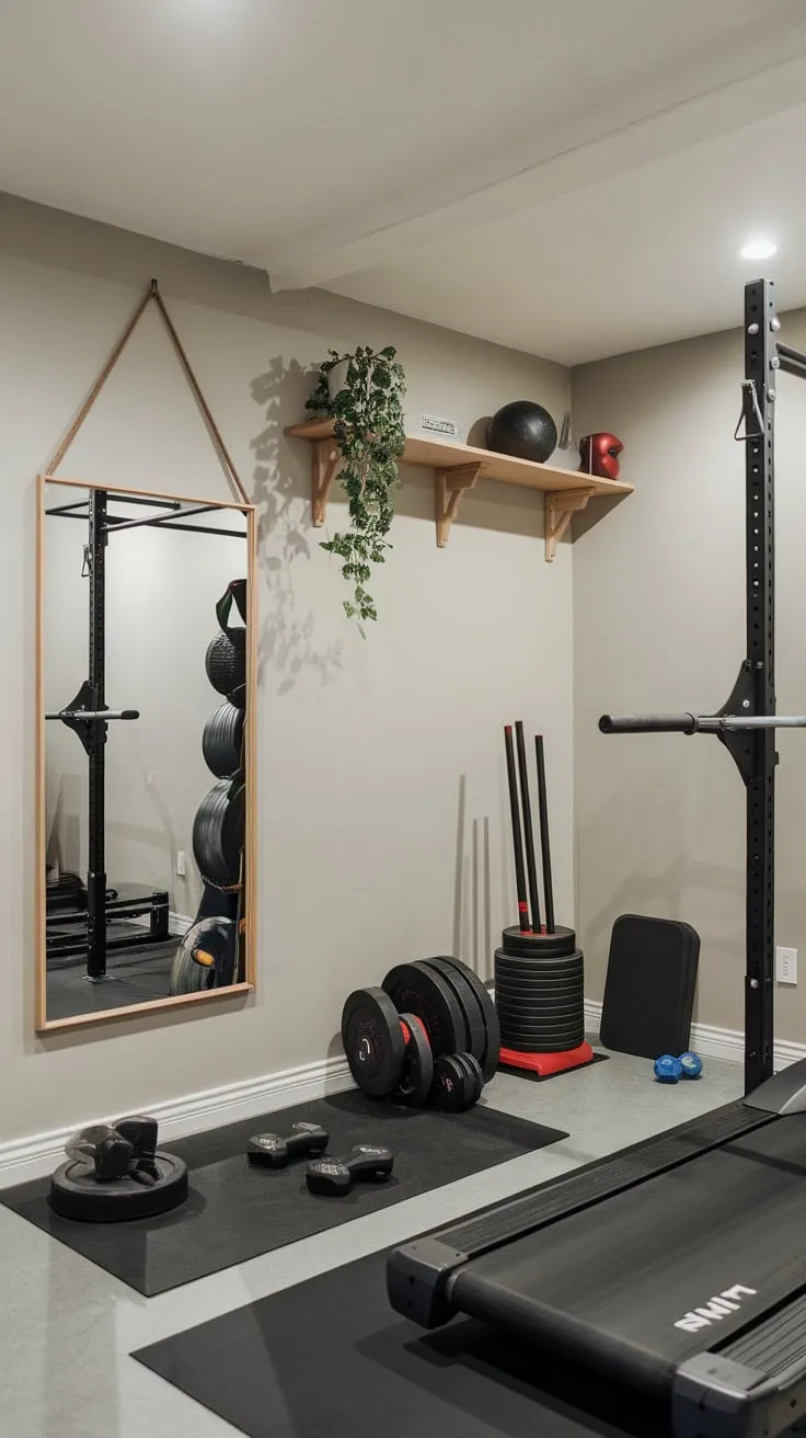 Transform your basement into a stylish and functional home gym with DIY decor, featuring a mirrored wall reflecting your workout space.