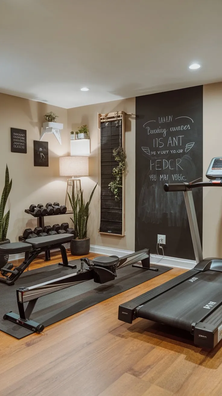 A hardwood-floored basement gym boasts inspiring wall decor, including a chalkboard and motivational quote, complementing its rowing machine, treadmill, and weights.