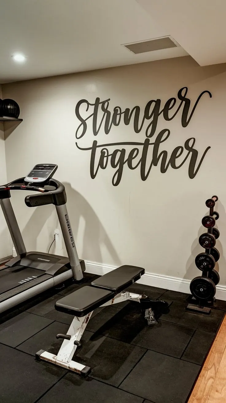 A basement treadmill, weights, and bench are complemented by inspiring "Stronger Together" DIY wall decor, creating a personalized and powerful home gym.