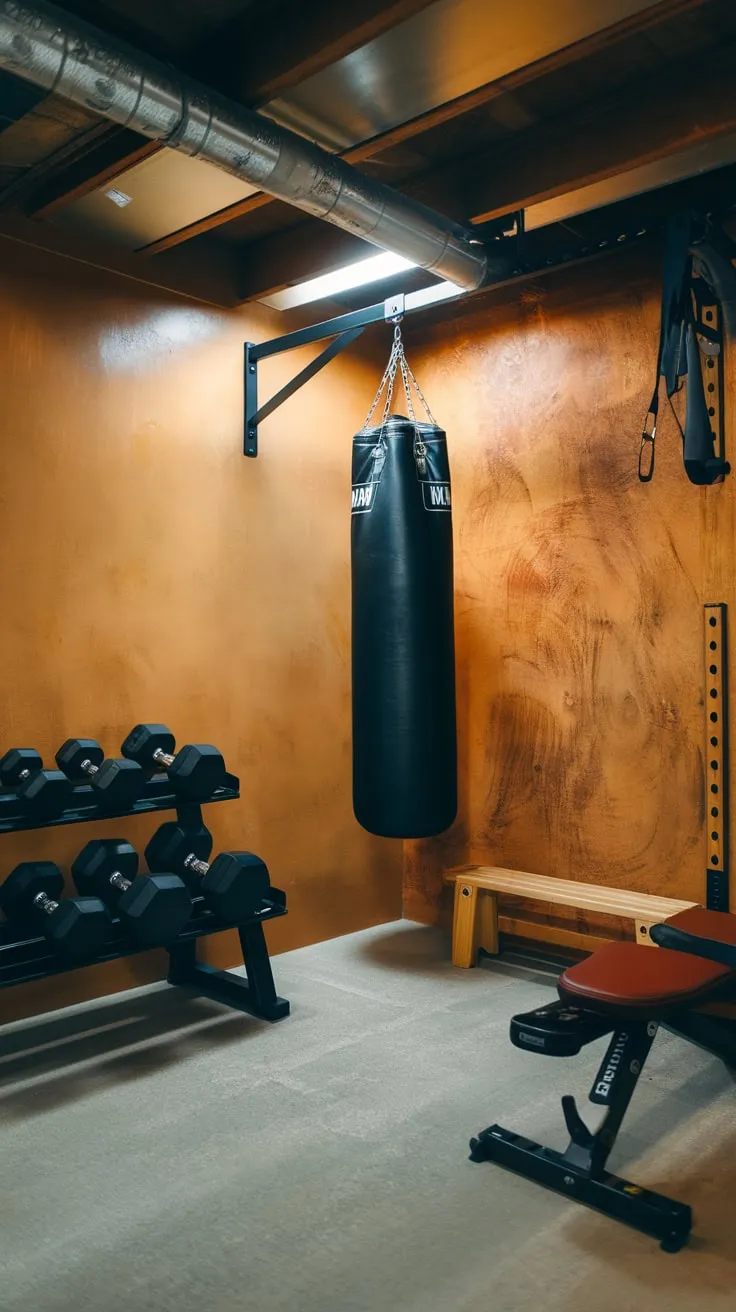 A vibrant orange basement gym boasts textured walls, a punching bag, weight rack, and wooden bench atop a concrete floor.