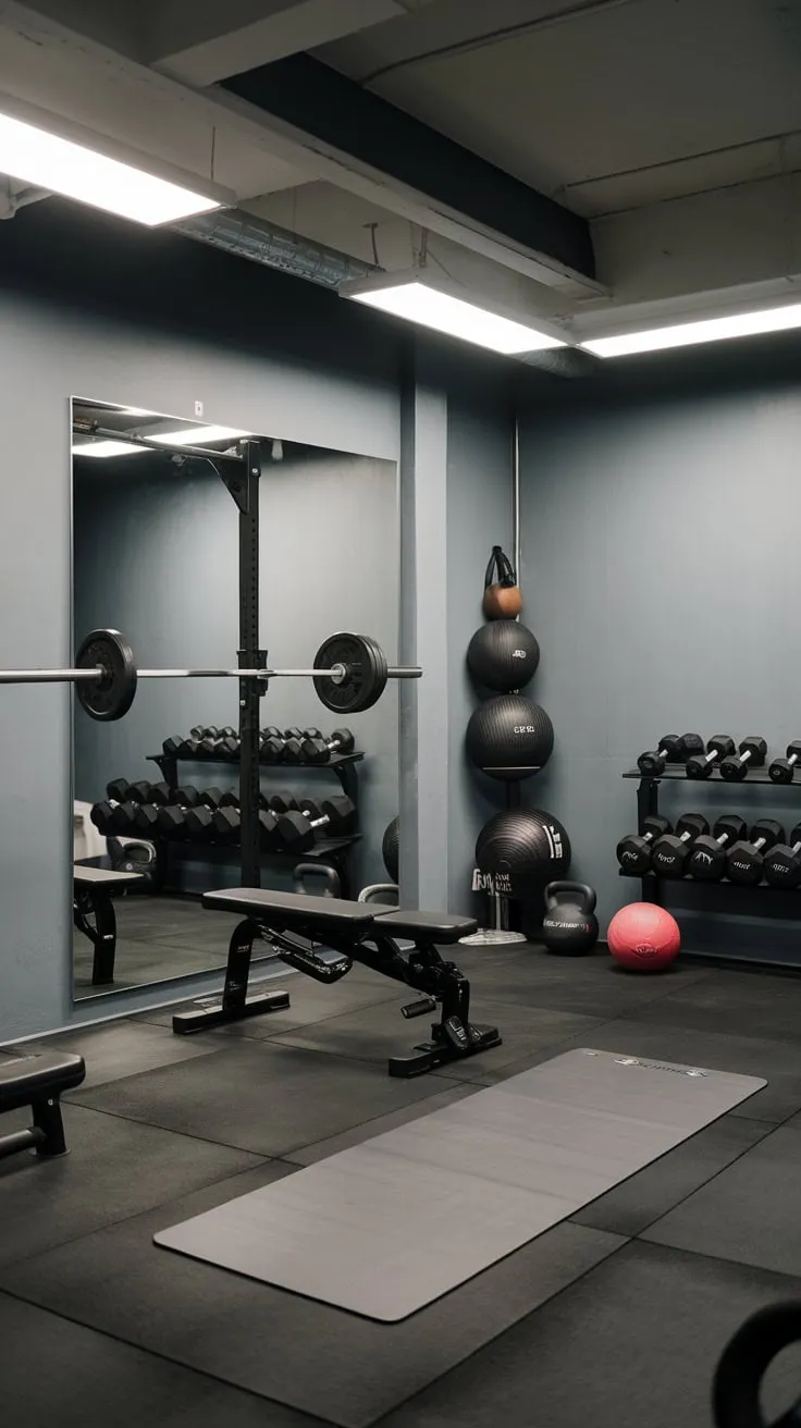 Motivational wall art elevates your basement gym, showcasing your equipment and creating an inspiring workout environment.