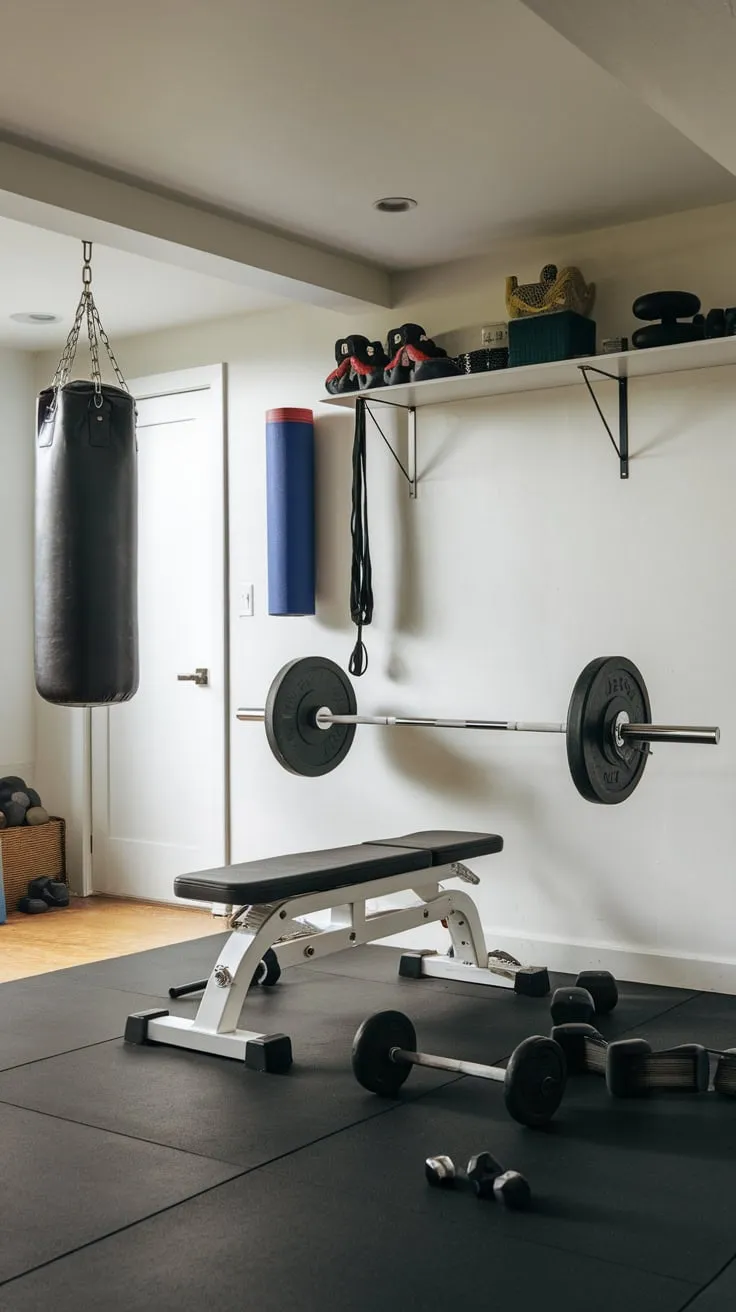 A white-walled basement gym, complete with weights, punching bag, and fitness accessories, awaits your personalized wall decor to complete the space.