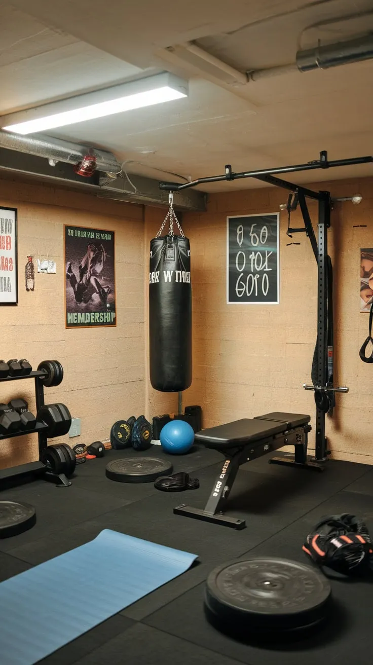 Bright lighting illuminates a functional yet inspiring home gym featuring a punching bag, weights, and motivational wall art.
