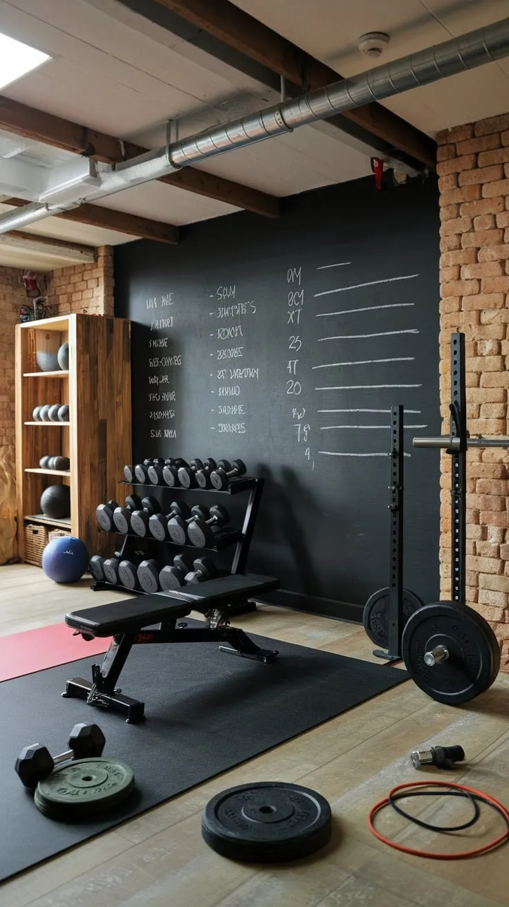 Transform your basement into a rustic workout haven with a chalkboard wall for planning, complete with weights, mats, and exposed brick charm