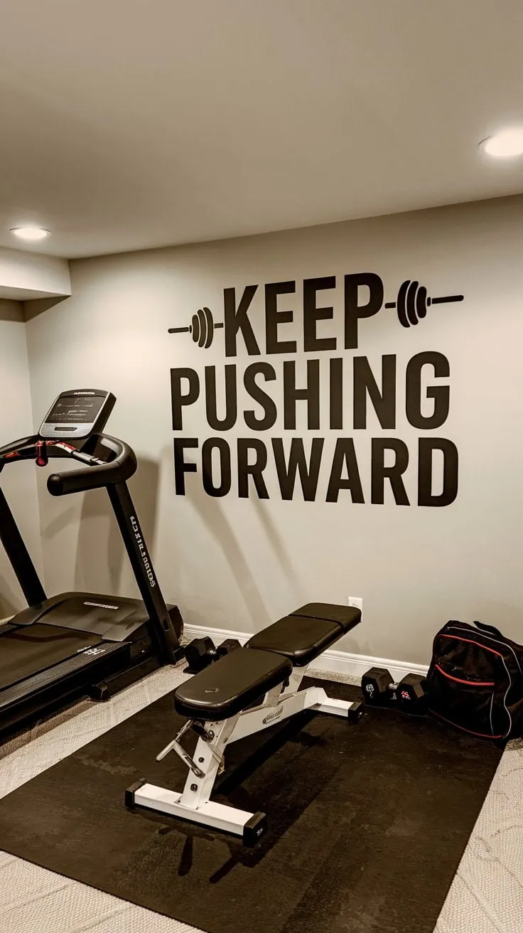 Brightly lit basement gym featuring a "Keep Pushing Forward" wall decal motivates workouts alongside a treadmill, weights, and bench