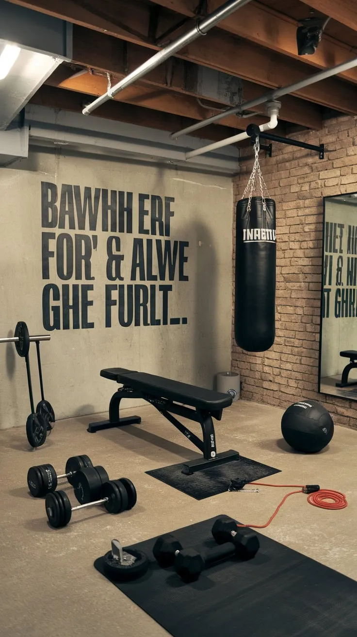 A motivational quote, exposed brick, and a full set of workout equipment create a powerful and stylish home gym in your basement.