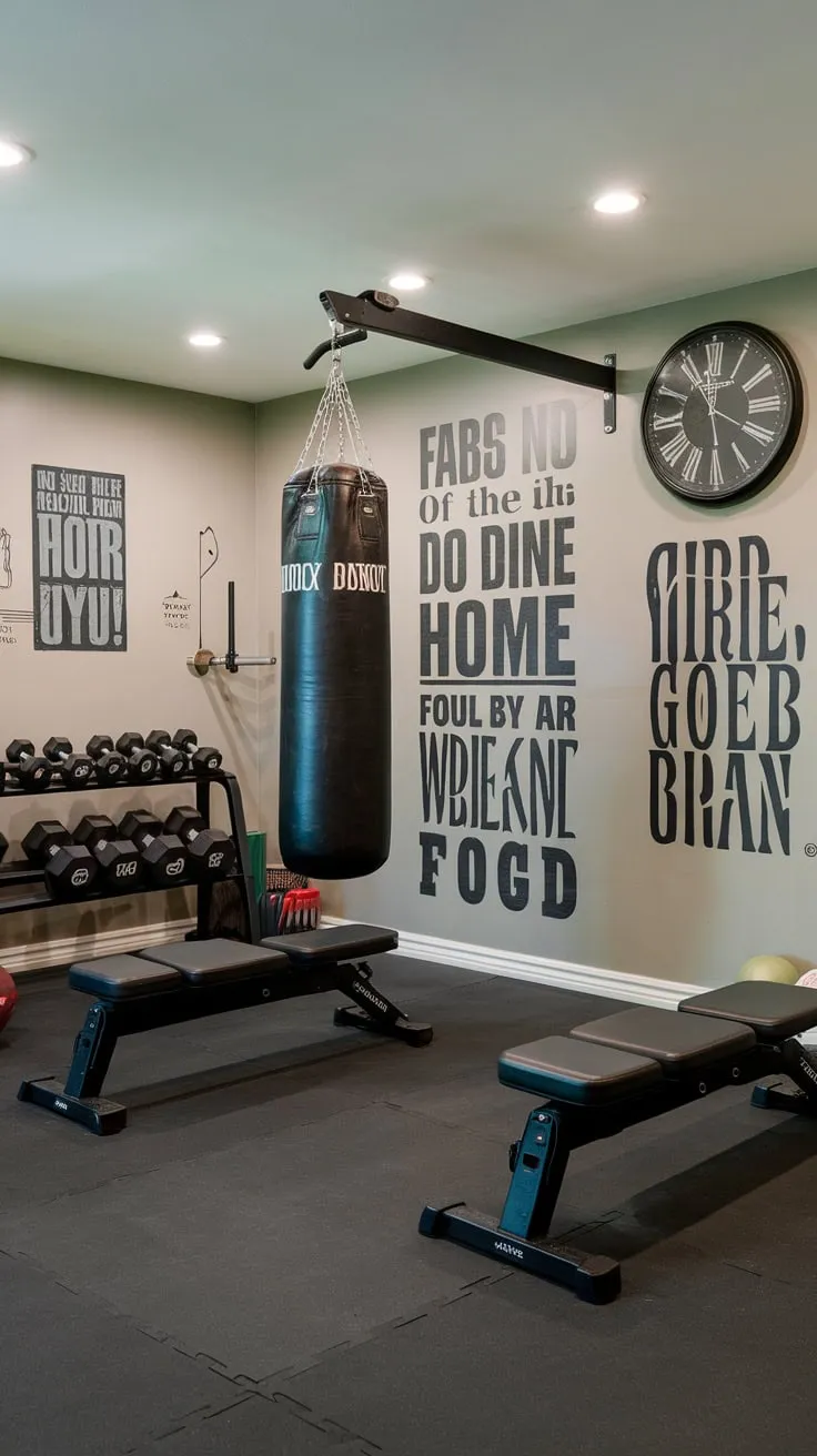 A basement home gym boasting inspirational wall decor, a punching bag, and essential equipment creates the ultimate personal workout sanctuary.