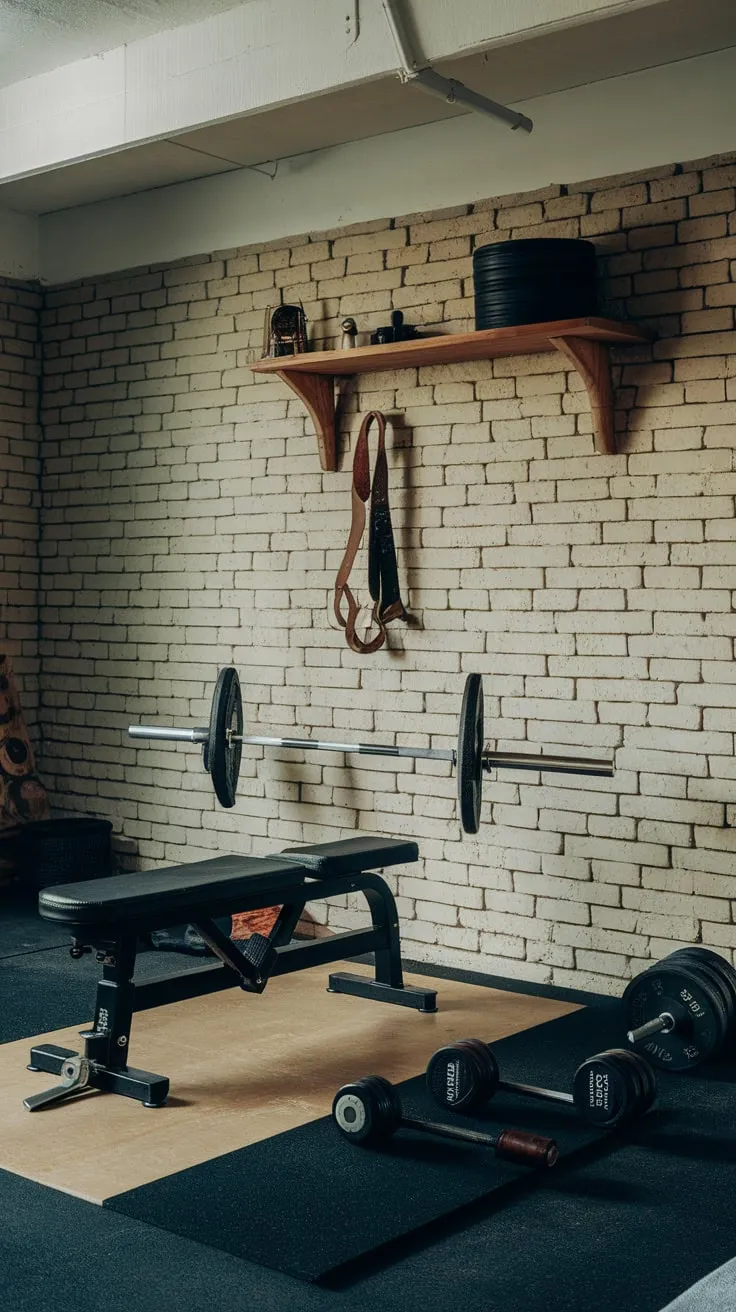 Transform your brick-walled basement gym into a stylish workout space using vintage weightlifting accessories displayed on a wooden shelf.