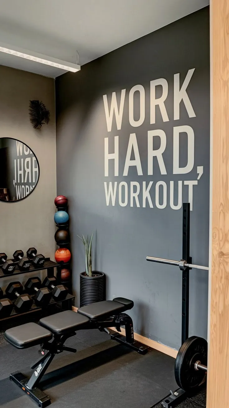 A gray-walled home gym boasts "WORK HARD, WORKOUT" decor, complemented by weights, a bench, and a mirror, creating a vibrant and motivating workout environment.