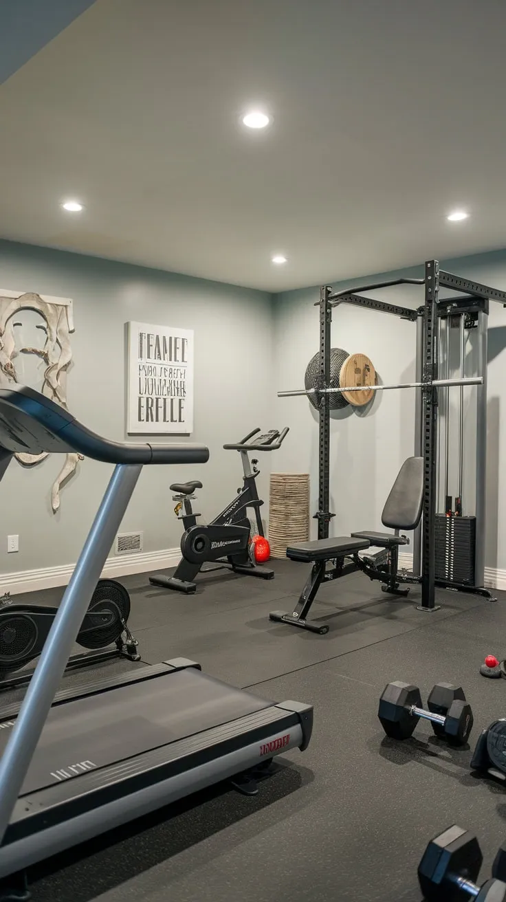 Transform your basement into a motivating fitness haven with gym equipment and inspiring wall decor.