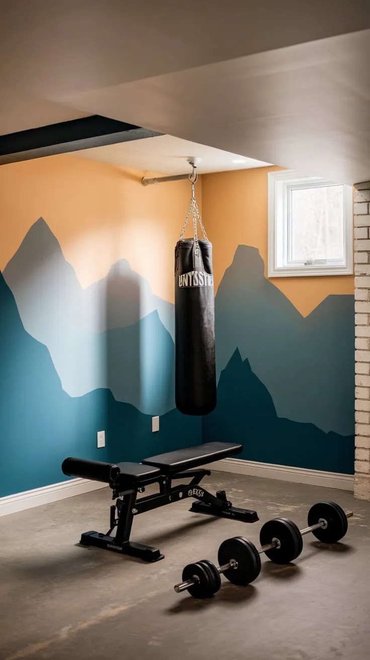 Transform your basement into a stunning mountain-range-themed home gym, complete with punching bag and weightlifting equipment.