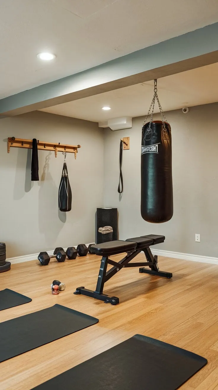 Transform your basement into a motivating workout space with stylish wall decor complementing your punching bag and weight equipment