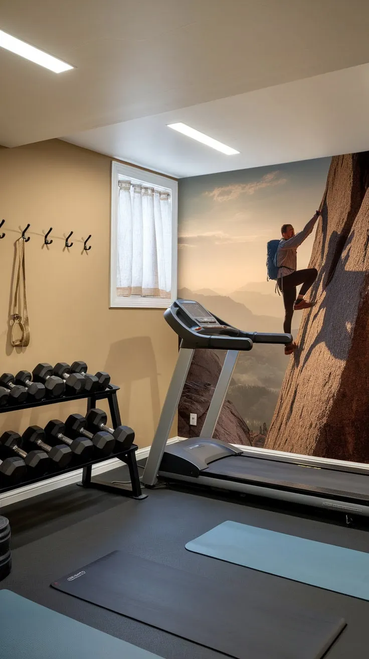 Transform your basement into a motivational fitness haven with mountaineering wallpaper, complementing your workout equipment and creating an inspiring home gym atmosphere