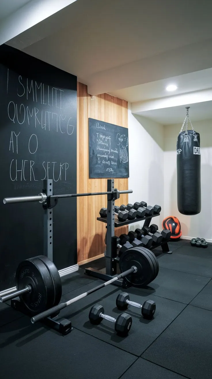 Transform your basement into a vibrant fitness haven with motivational wall art, a functional chalkboard, and essential equipment for a killer workout
