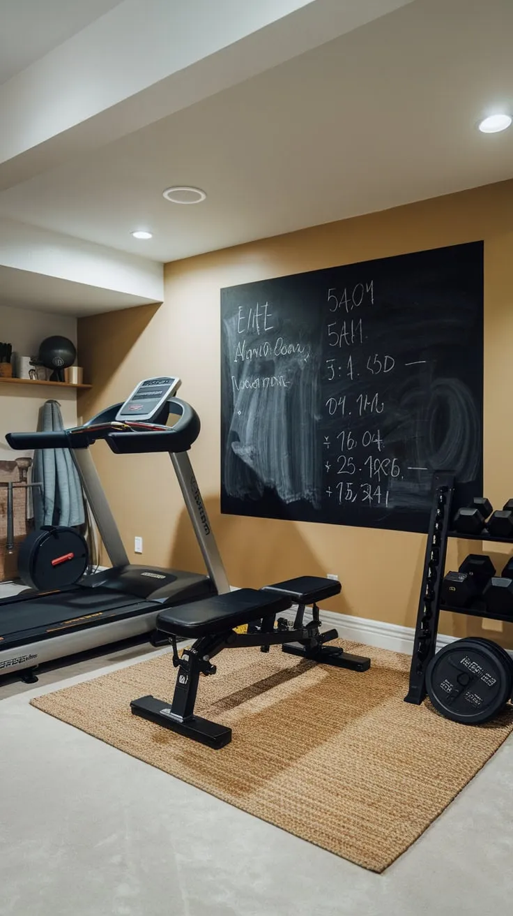 Brightly lit basement home gym boasts a chalkboard workout tracker and motivational decor complementing its functional equipment.