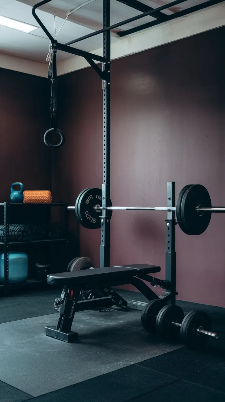 Transform your basement into a motivating fitness haven with dark purple walls, a fully equipped weightlifting station, and inspiring gym decor.