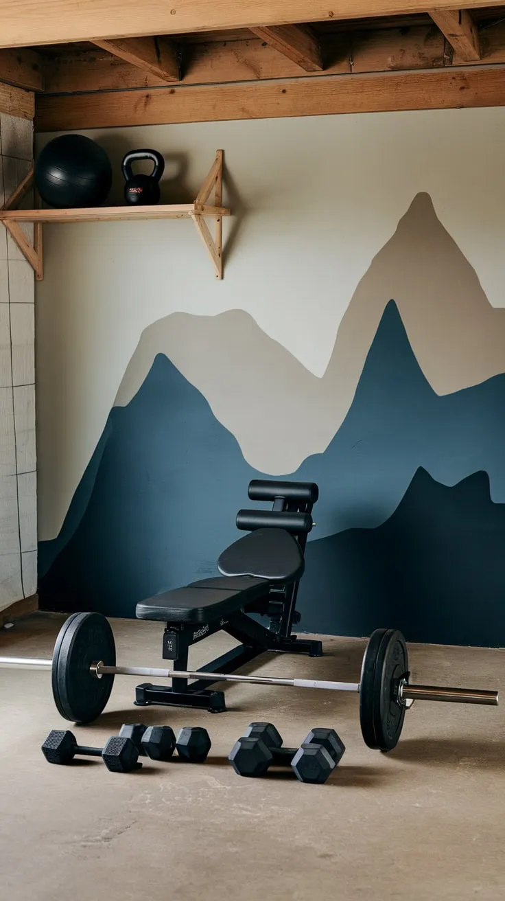 A stunning mountain range mural transforms a functional basement gym into a rustic workout haven.