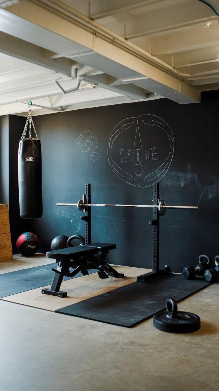 A well-lit concrete basement gym boasts chalk-covered walls, a weightlifting setup, and a punching bag, creating an inspiring workout space.