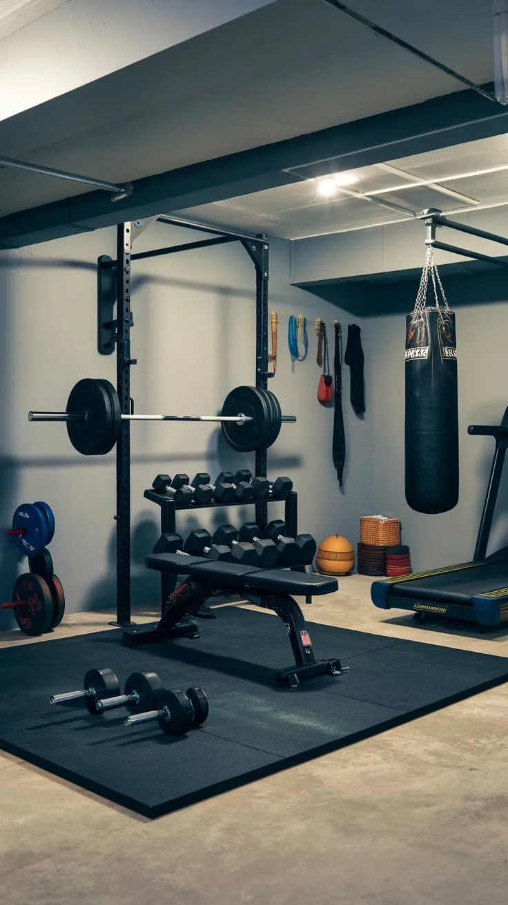 Transform your grey basement gym walls from drab to fab with motivational home gym wall decor complementing your barbell, dumbbells, and punching bag.