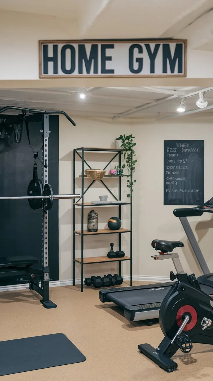 Transform your basement into a stylish and functional home gym with inspiring wall decor, complete with equipment and a motivational chalkboard.