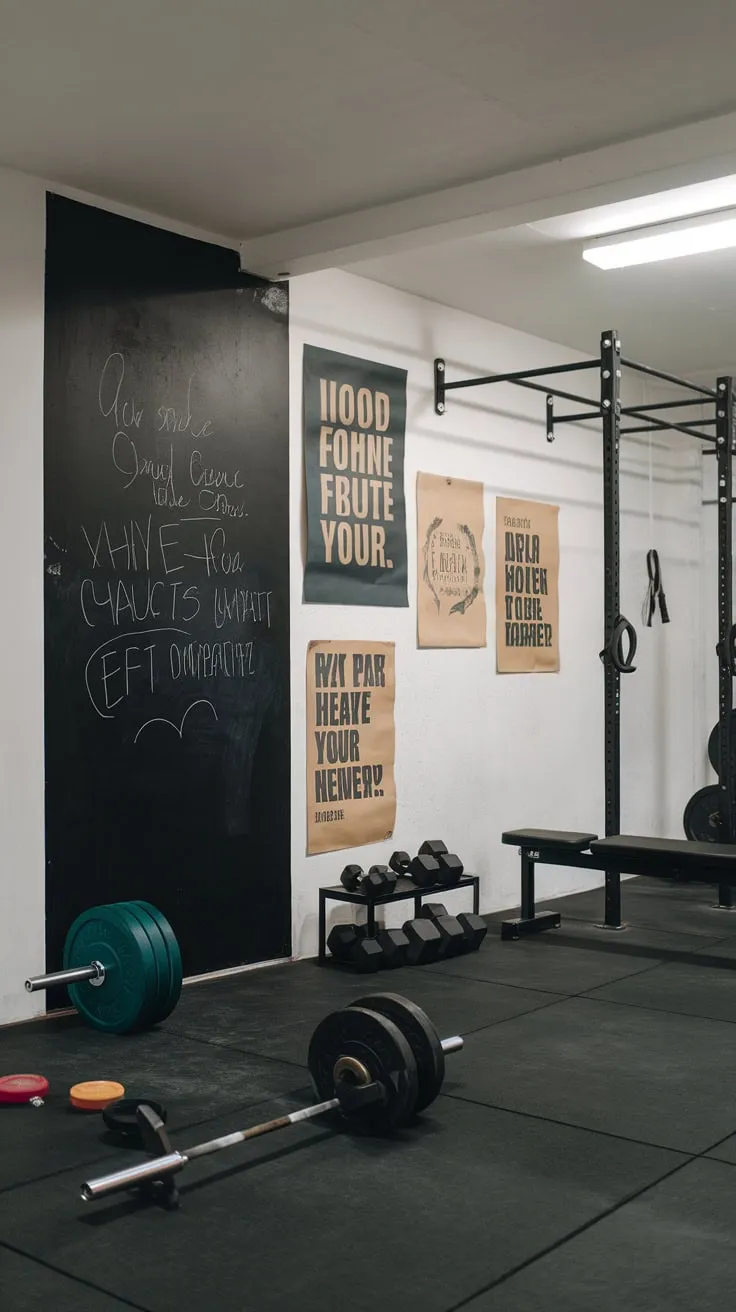 A chalkboard wall and inspirational posters personalize your basement gym, creating a motivating workout space.