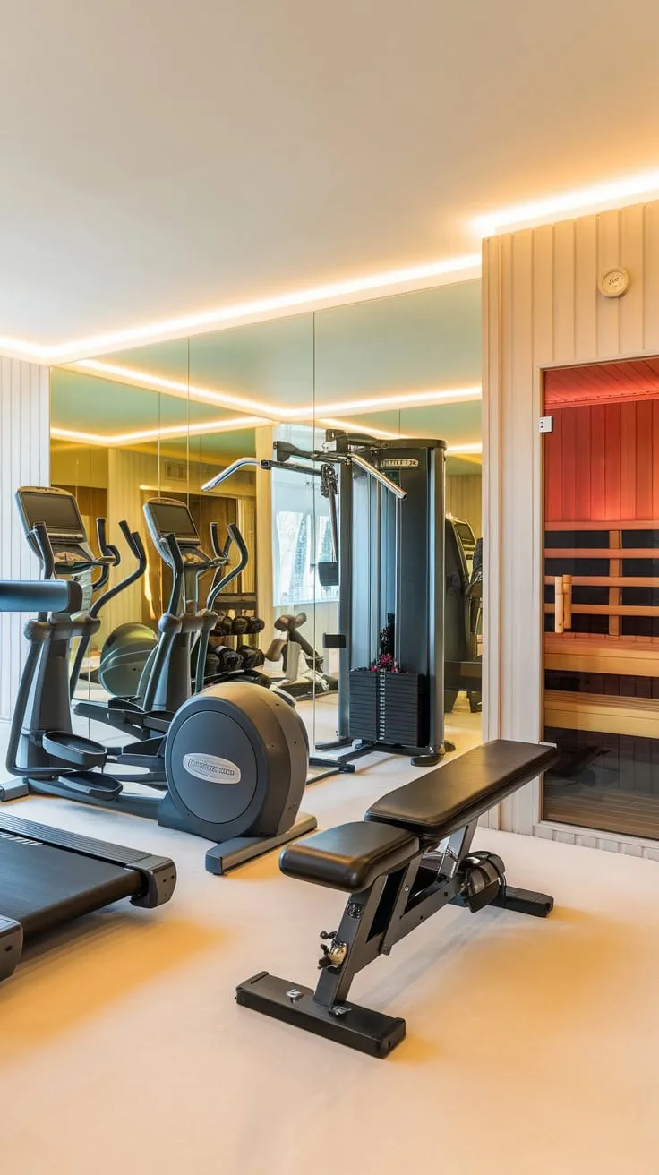 Indulge in ultimate fitness and relaxation with a luxurious home gym featuring a sauna and top-of-the-line equipment