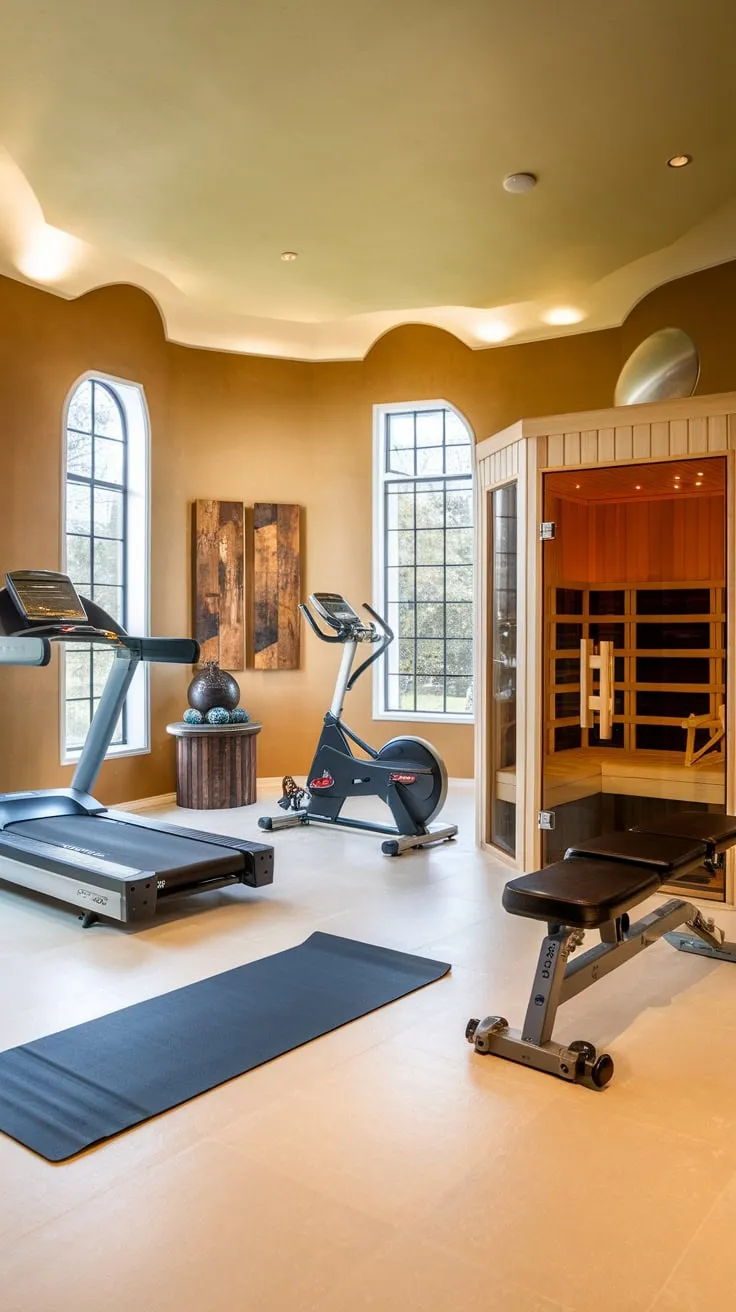 Indulge in ultimate fitness and relaxation with a luxurious home gym featuring a sauna and top-of-the-line equipment