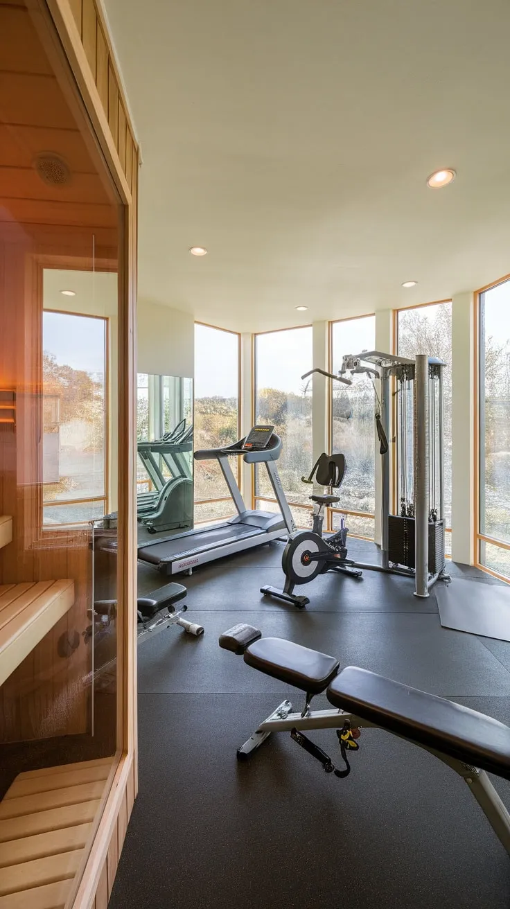 Sweat it out in your luxurious home gym featuring a sauna and stunning nature views, complete with a full range of workout equipment.