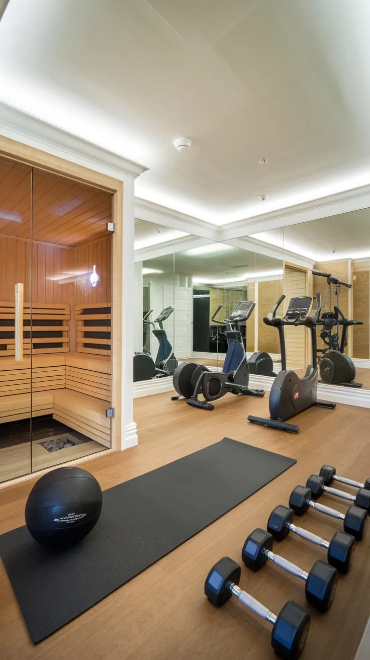 Upgrade your wellness routine with a luxurious home gym featuring top-tier equipment and a rejuvenating sauna