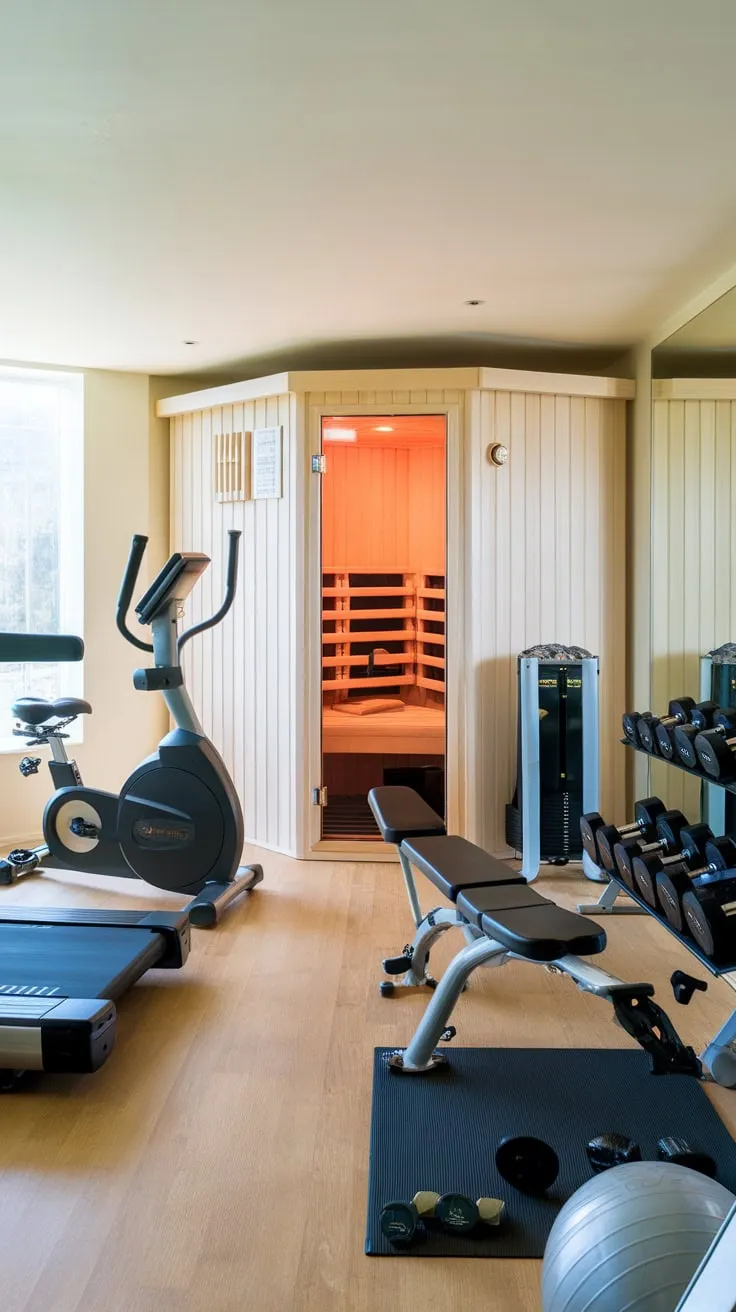 Escape the everyday grind with a luxurious home gym featuring a sauna and top-of-the-line workout equipment
