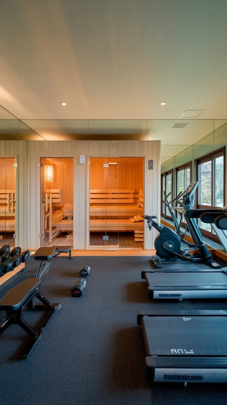 Indulge in ultimate fitness and relaxation with a luxurious home gym featuring a sauna and state-of-the-art equipment