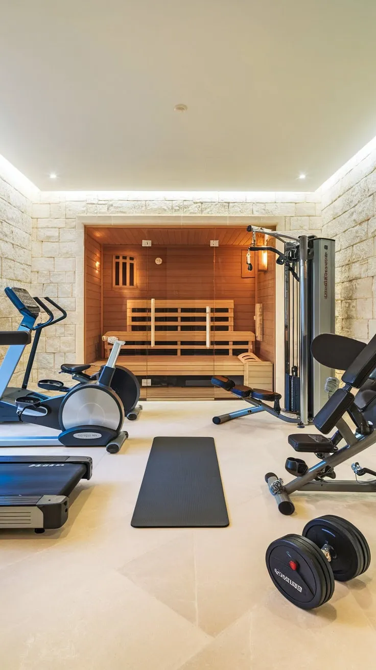 Indulge in ultimate fitness and relaxation with a luxurious home gym featuring state-of-the-art equipment and a rejuvenating sauna