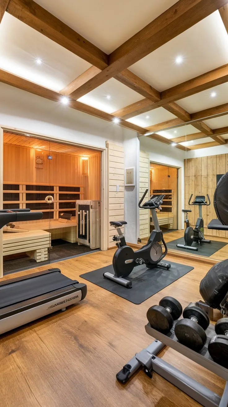Indulge in ultimate fitness and relaxation with a luxurious home gym featuring a sauna, state-of-the-art equipment, and stunning wooden accents